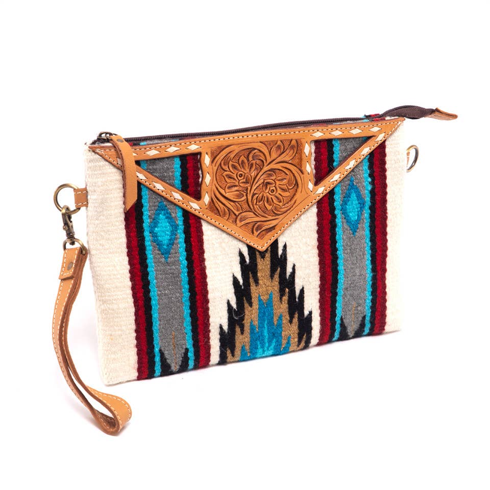 White Saddle Blanket Large Clutch Bag with Tooled Leather