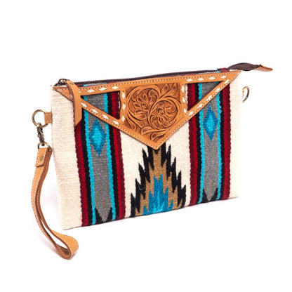 White Saddle Blanket Large Clutch Bag with Tooled Leather