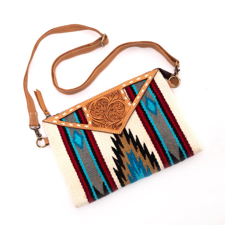 White Saddle Blanket Large Clutch Bag with Tooled Leather