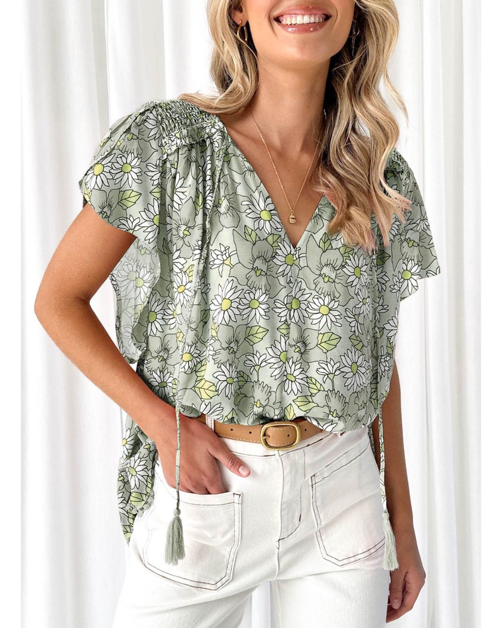 Tassel V-neck Pleated Detailed Short Sleeves Top