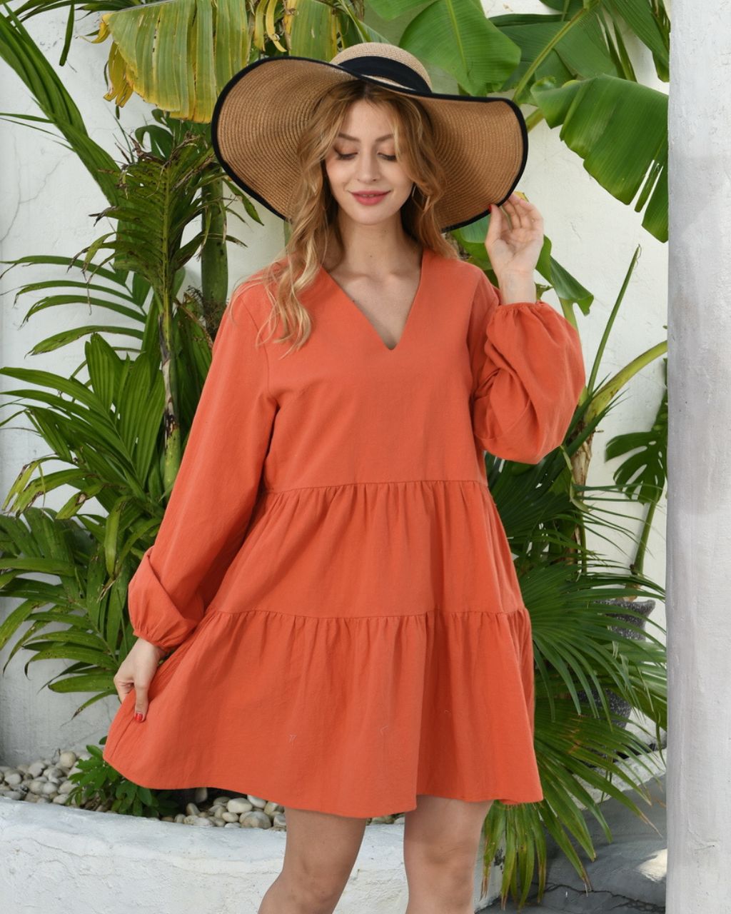 Cotton V-neck Smock Dress