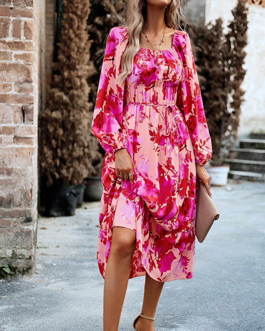 Floral Print Shoulder on/off Double Bonded Waist Midi Dress