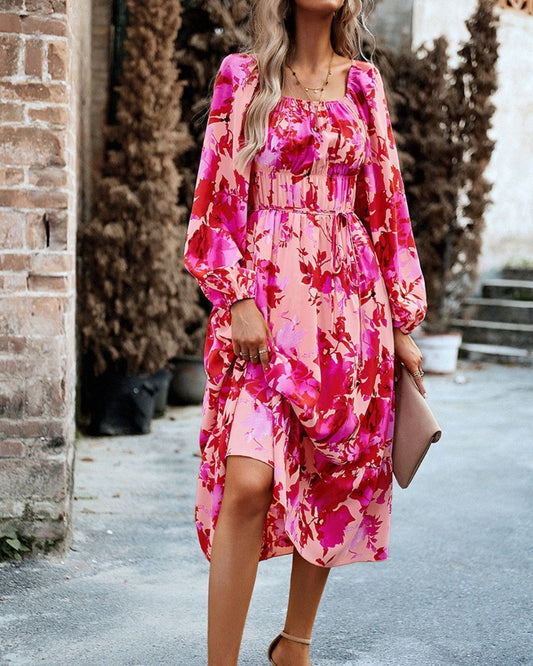 Floral Print Shoulder on/off Double Bonded Waist Midi Dress