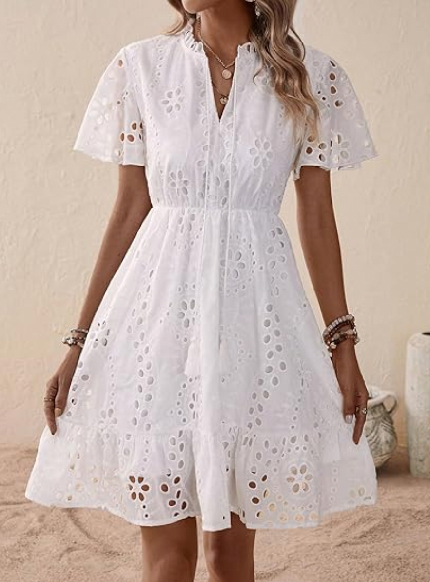 Tassel Neck Eyelet Embroidery Elastic Waist Mini Dress – Lined