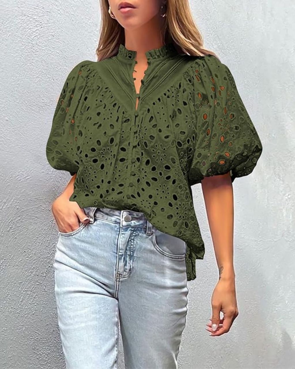 Cotton Button Neck Embroidery Puff Sleeves Shirts – Lined