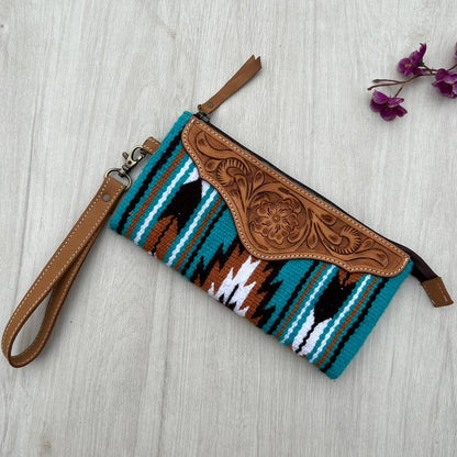 Turquoise Saddle Blanket Clutch with Tooled Leather - TSB41D